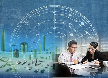 a man and a woman sit at a table looking at a blueprint