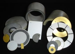 Various electrode patterns and electrode materials on PZT ceramics.