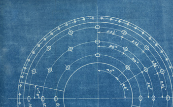 a blue and white drawing of a circle with measurements